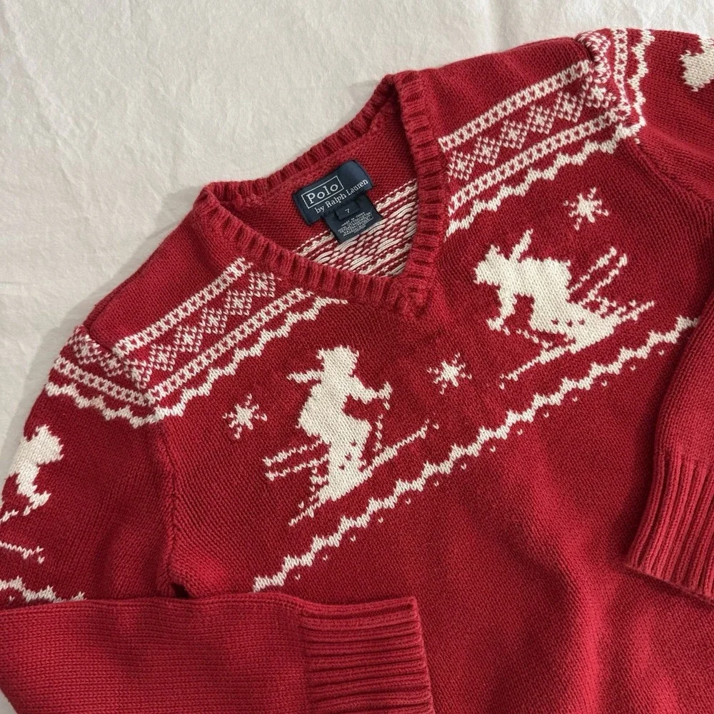 Polo By‎ Ralph Lauren Kids Size 7 Red Nordic Ski 100% Cotton V-Neck Sweater
